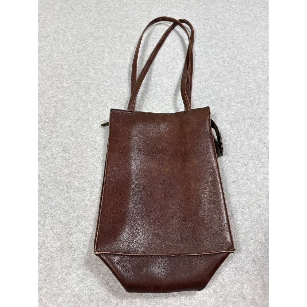 Le Donne Brown Leather Slim Shoulder Bag Vertical Mini Tote Zippered Bag